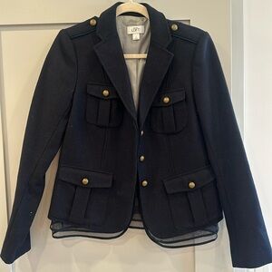 Ann Taylor LOFT Military-Style Navy and Brass Blazer with Taffeta Peplum Bottom